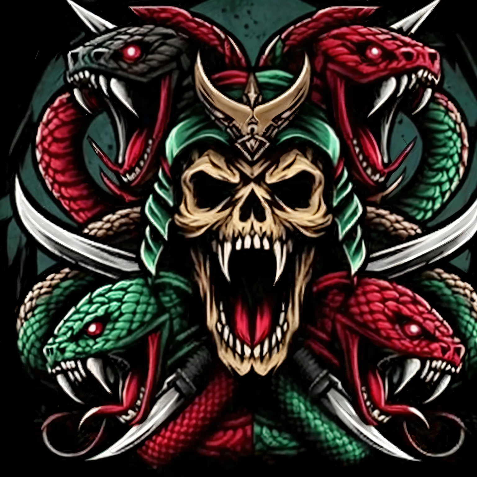 Something like this but more frightening and there should be five skull samurais