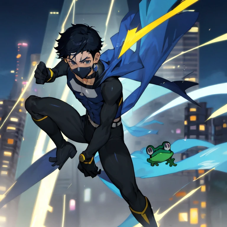 A anime boy with powers like frog.he is wearing a blue and black colour superhero costume with black hair and without a cape and two blue gloves with two blue boots with red mask in the background is a mumbai city