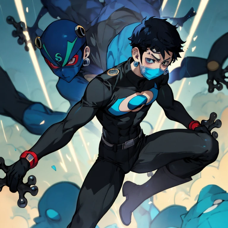 A anime boy with powers like frog.he is wearing a blue and black colour superhero costume with black hair and without a cape and two blue gloves with two blue boots with red mask in the background is a mumbai city