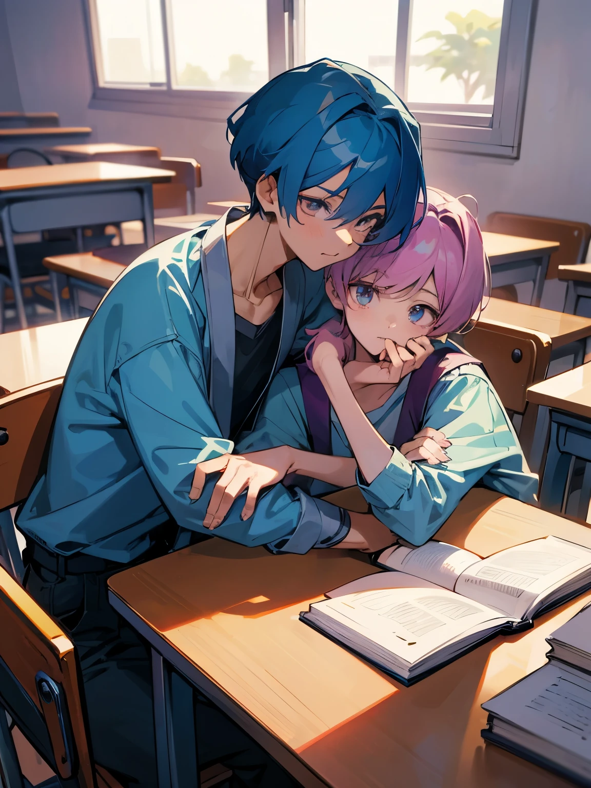 cartoon of two boys sitting at a table with a book and a backpack, ddlc, in the art style of 8 0 s anime, 9 0 s anime style, 90s anime style, in anime style, in an anime style, anime aesthetic, anime vibes, 9 0 s anime aesthetic, 9 0 s anime art style, lofi boy, typical anime classroom, beautiful background window, two cute boys, beautiful faces, two boys, don't extra hands, NO extra hands, generate two boys with NO extra hands, NO extra arm