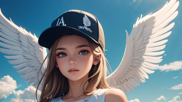 One angel with wings on both shoulders wearing a baseball cap.