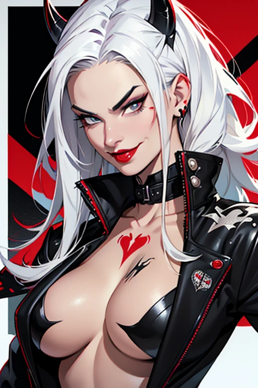 araffe woman with white hair and black jacket and red lipstick, a tattoo by Steve Argyle, tumblr, pop art, cruella devil, taken in the late 2010s, evil smirk, mean smirk, proud smirk, crazy white hair, demi moore, dark gray hair, smug smirk, grim expression, megan fox witch queen