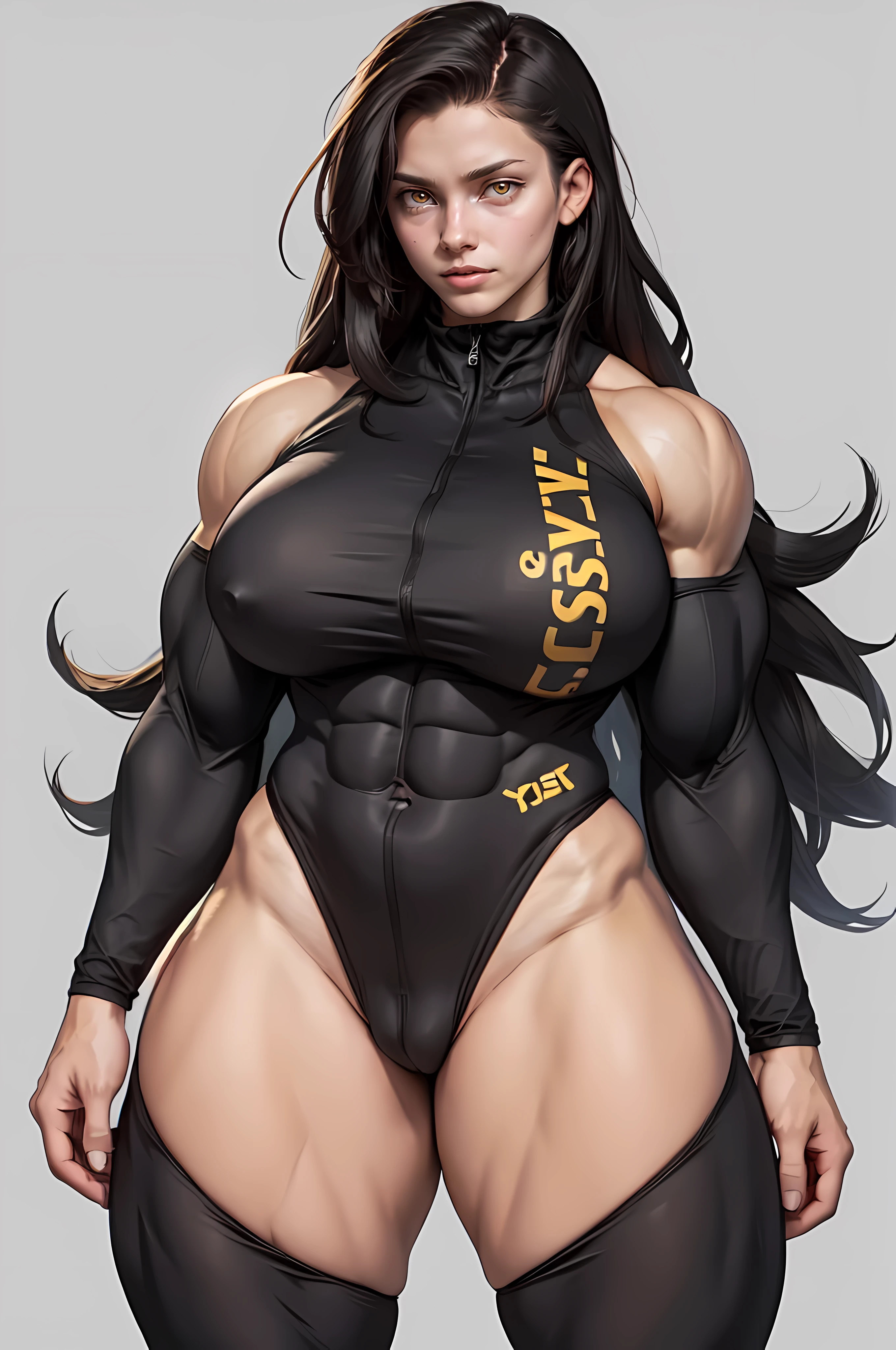 ((((1girl bodybuilder muscular)))) pale skin black hair very long hair yellow eyes long abs ((curvy wide hips thick thighs gigant breasts grey background)) skintight