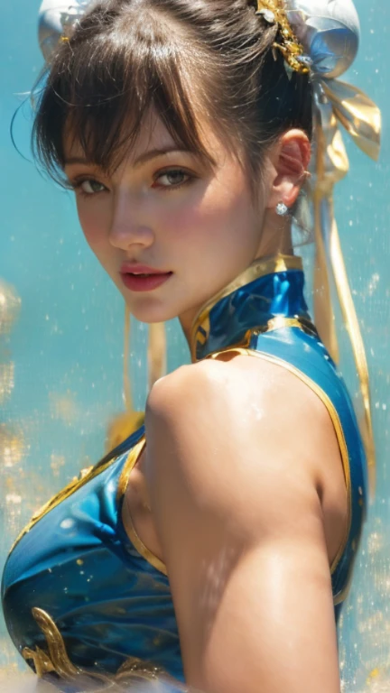 a close up of a woman in a blue and yellow outfit, portrait of chun - li, portrait of chun li, chun - li, chun-li, chun li, ross tran 8 k, wojtek fus, artgerm and ilya kuvshinov, ilya kuvshinov and artgerm, ilya kuvshinov. 4 k