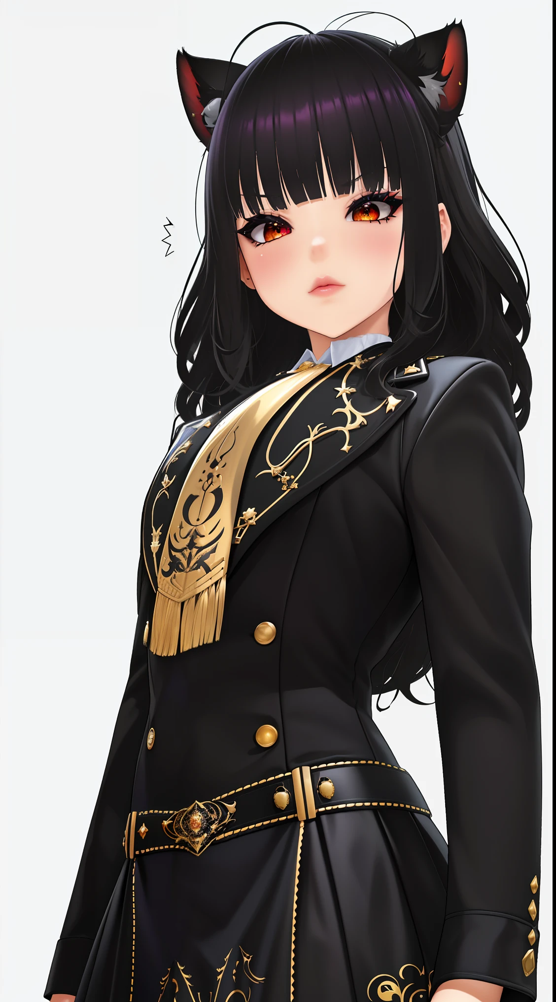 (Mejor calidad:1.5, high resolution, HD, 4k, detailed lighting, sombreadores), cabello negro, ojos rojos, orejas de gato, pechos grandes, trasero grande, muslos grandes, mujer madura, women's elastic sweater, small skirt, bragas blancas, falda blanca, (tirar), cuerpo completo, Fondo blanco, sombra de ojos colorida, dramatic lighting, ojos chispeantes, confident expression, pendientes dorados, pelo que fluye, Rasgos faciales delicados, Piel oscura, high cheekbones, ropa elegante, urban configuration, Fondo blanco