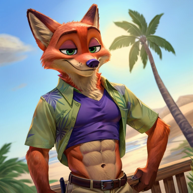 Nick Wilde with abs wearing a crop top of his Hawaiian green shirt with indigo tie and khaki pants with a bare midriff and a bare navel , digital art, ((perfect face)), ((best quality)), ((masterpiece))