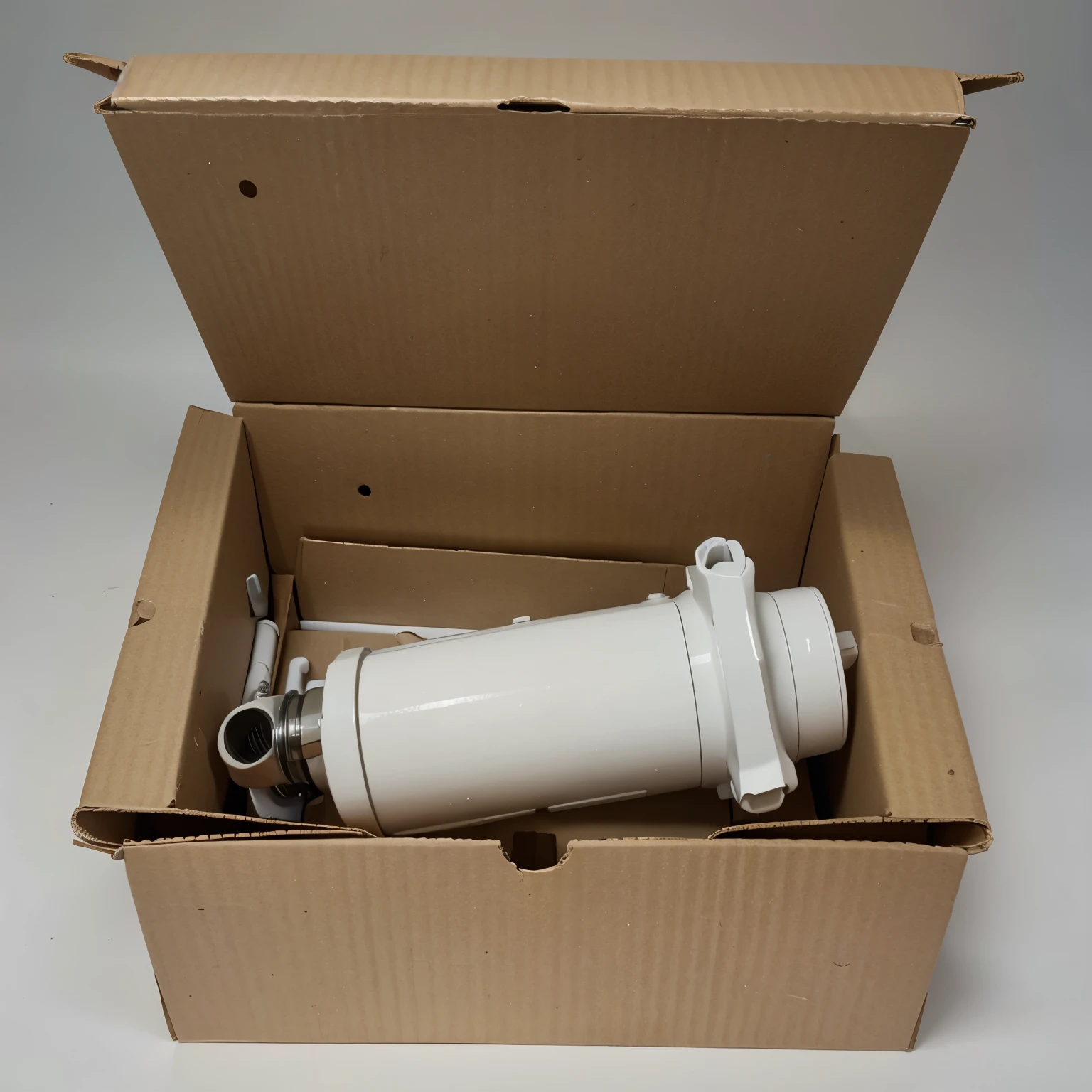 Recantgular open carton box with white pipe fittings, white valves and white sos switch 