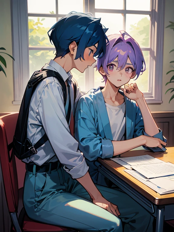 cartoon of two boys sitting at a table with a book and a backpack, ddlc, in the art style of 8 0 s anime, 9 0 s anime style, 90s anime style, in anime style, in an anime style, anime aesthetic, anime vibes, 9 0 s anime aesthetic, 9 0 s anime art style, lofi boy, typical anime classroom, beautiful background window, two cute boys, beautiful faces, two boys, don't extra hands, NO extra hands, generate two boys with NO extra hands, NO extra arm