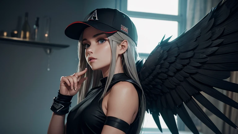 One winged angel with a baseball cap on each shoulder, dressed in black