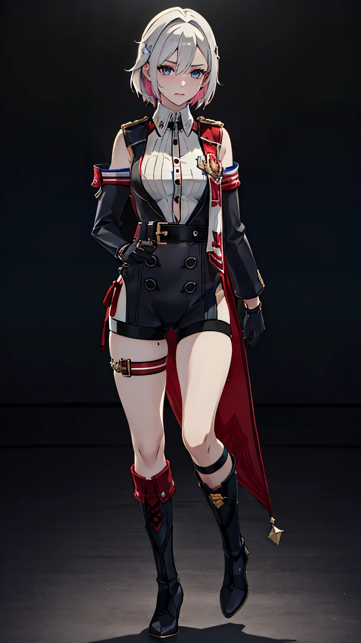 ((8K resolution))、((highest quality))、((masterpiece))、((Super detailed))((((dramatic))), (anatomically correct)、Depth of object being written、look at the camera、one person、black gloves, thigh strap, knee boots, hair ornament, unitard, detached sleeves, badge, side cape, sleeveless shirt, belt、front、toned arms, long and thin legs, small breasts、Athletic Presence,(theme、whole body:1.1), 　　　