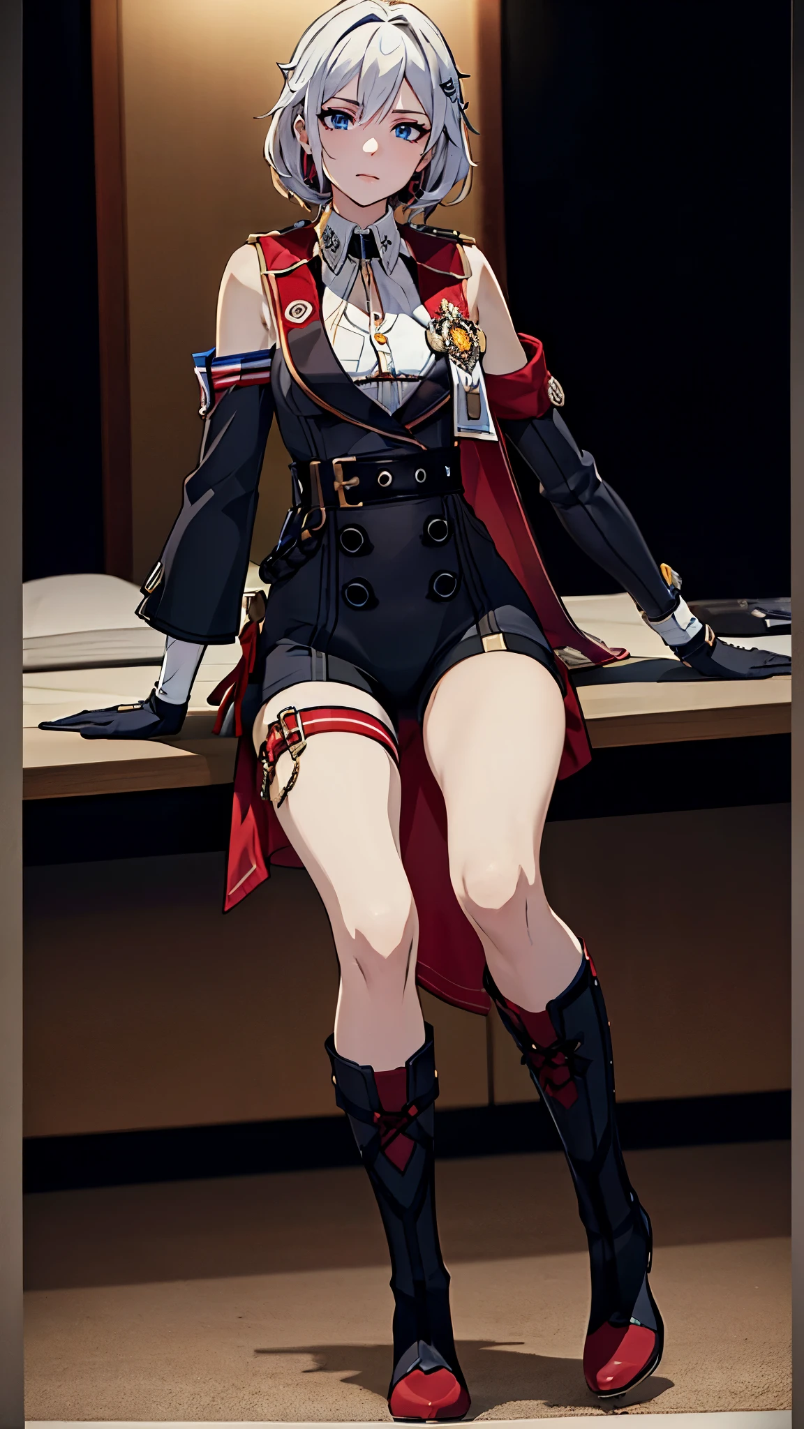 full body, solo, 1girl, looking at viewer, silver hair, long coat, short dress,corset, pantyhose,red eyes,long hair,
braid right side ponytail, mature female, (masterpiece), detailed hands, detailed eyes, beautiful face, beautiful eyes, perfect hands, looking at the viewer, left hand resting in her chest, right and posing, orange eyeshadow, shinny high heels,