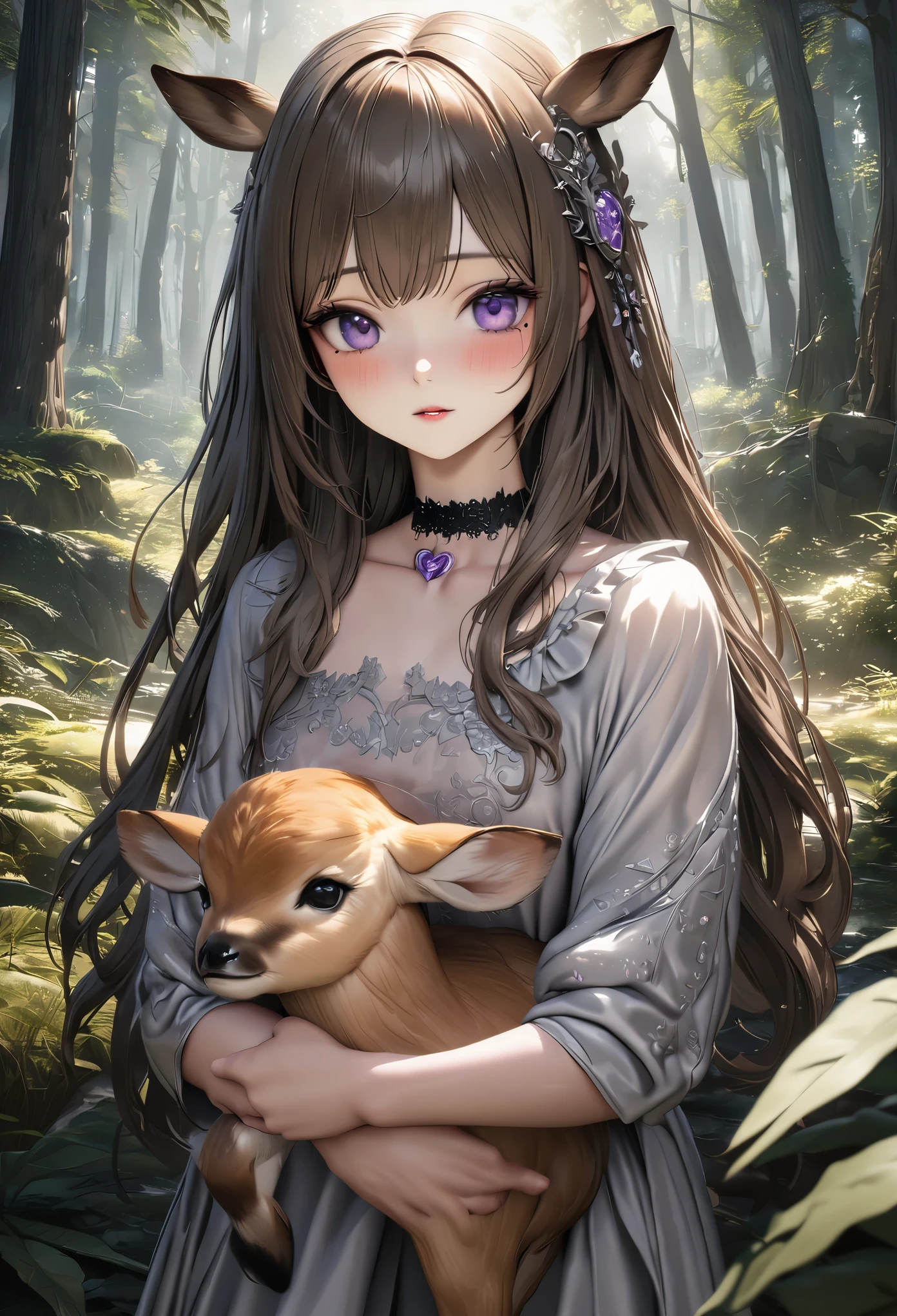 masterpiece,highest quality, Super detailed, High resolution, expensive resolution, HDR, 4k, 8K, unity 8k wallpaper, Super detailed CG, masterpiece, realistic, 2D, 3D, beautiful details, depth, fine texture , super fine: 1.3, Fully focused, Crispy.skin, .he,
とてもかわいいアニメの女の子 one girl、silver semi-long hair、in the forest、可愛らしい鹿にtalk、gentle expression、A tame fawn、長い銀髪 wearing expensive , one girl、alone, silver semi-long hair, mole under the eye, looking at the viewer , expensive , blush, mole, parted lips, hair ornaments, heart, purple eyes, choker、Cute baby deer、talk