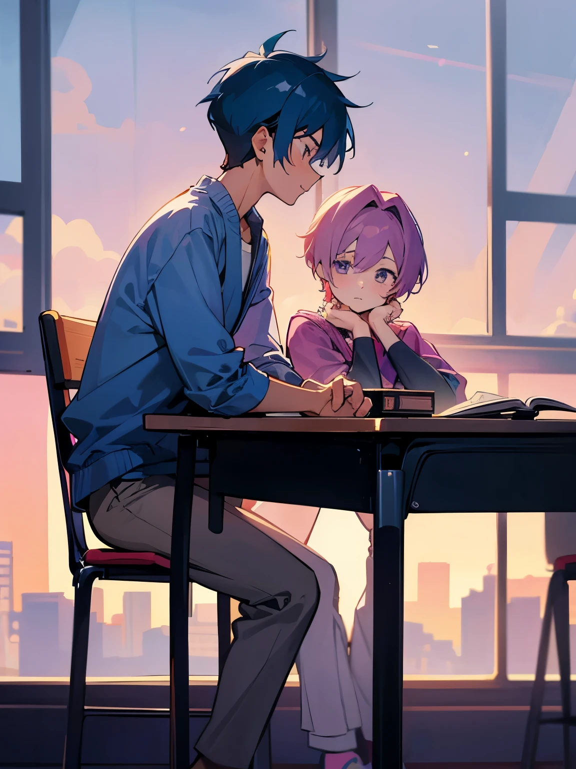 cartoon of two boys sitting at a table with a book and a backpack, ddlc, in the art style of 8 0 s anime, 9 0 s anime style, 90s anime style, in anime style, in an anime style, anime aesthetic, anime vibes, 9 0 s anime aesthetic, 9 0 s anime art style, lofi boy, typical anime classroom, beautiful background window, two cute boys, beautiful faces, two boys, don't extra hands, NO extra hands, generate two boys with NO extra hands, NO extra arm