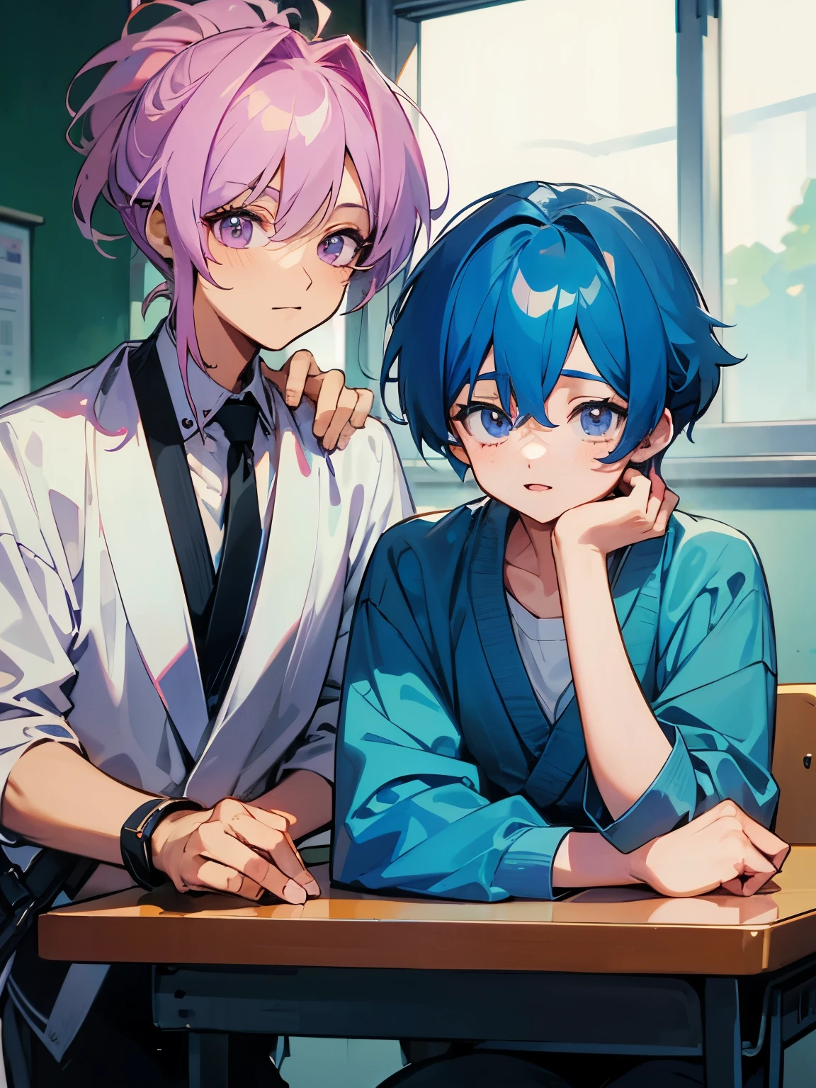 cartoon of two boys sitting at a table with a book and a backpack, ddlc, in the art style of 8 0 s anime, 9 0 s anime style, 90s anime style, in anime style, in an anime style, anime aesthetic, anime vibes, 9 0 s anime aesthetic, 9 0 s anime art style, lofi boy, typical anime classroom, beautiful background window, two cute boys, beautiful faces, two boys, don't extra hands, NO extra hands, generate two boys with NO extra hands, NO extra arm