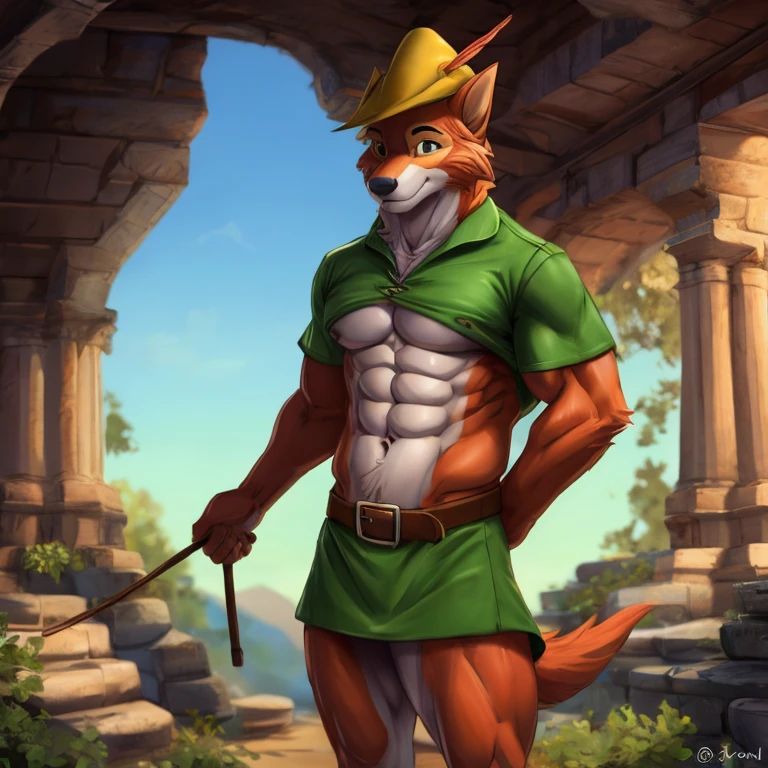 a digital artwork of Robin hood with abs wearing a crop top of his outfit with a bare midriff and a bare navel