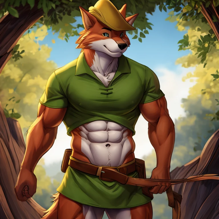 a digital artwork of Robin hood with abs wearing a crop top of his outfit with a bare midriff and a bare navel