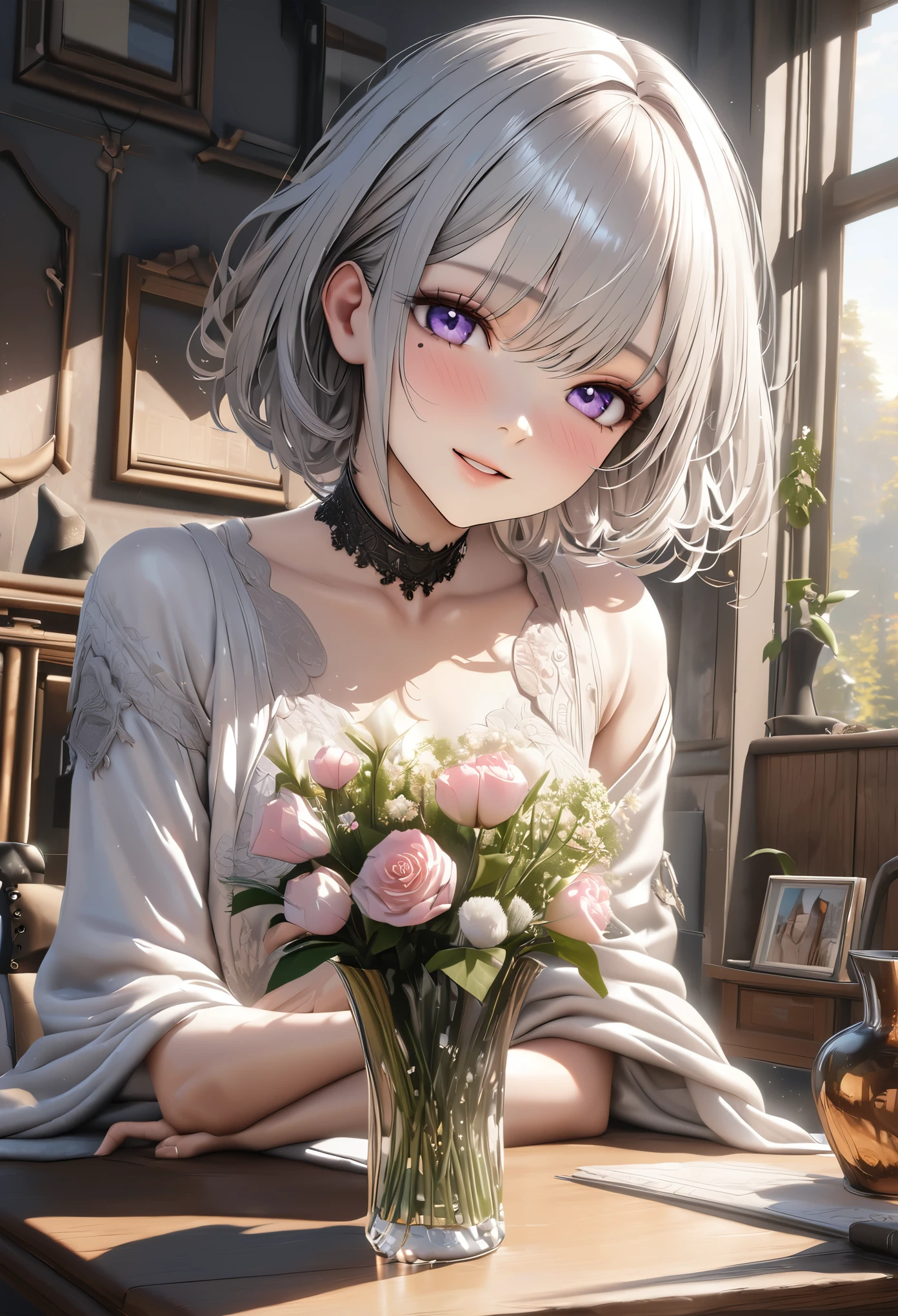 masterpiece,highest quality, Super detailed, High resolution, expensive resolution, HDR, 4k, 8K, unity 8k wallpaper, Super detailed CG, masterpiece, realistic, 2D, 3D, beautiful details, depth, fine texture , super fine: 1.3, Fully focused, Crispy.skin, .he,
Very cute anime girl 、field、silver short hair wearing expensive , Beautiful flowers in a vaseに話しかけてる、gentle expression、smile、one girl、alone,silver short hair、mole under the eye, looking at the viewer , expensive , blush, mole, parted lips, heart, purple eyes, choker、Beautiful flowers in a vase