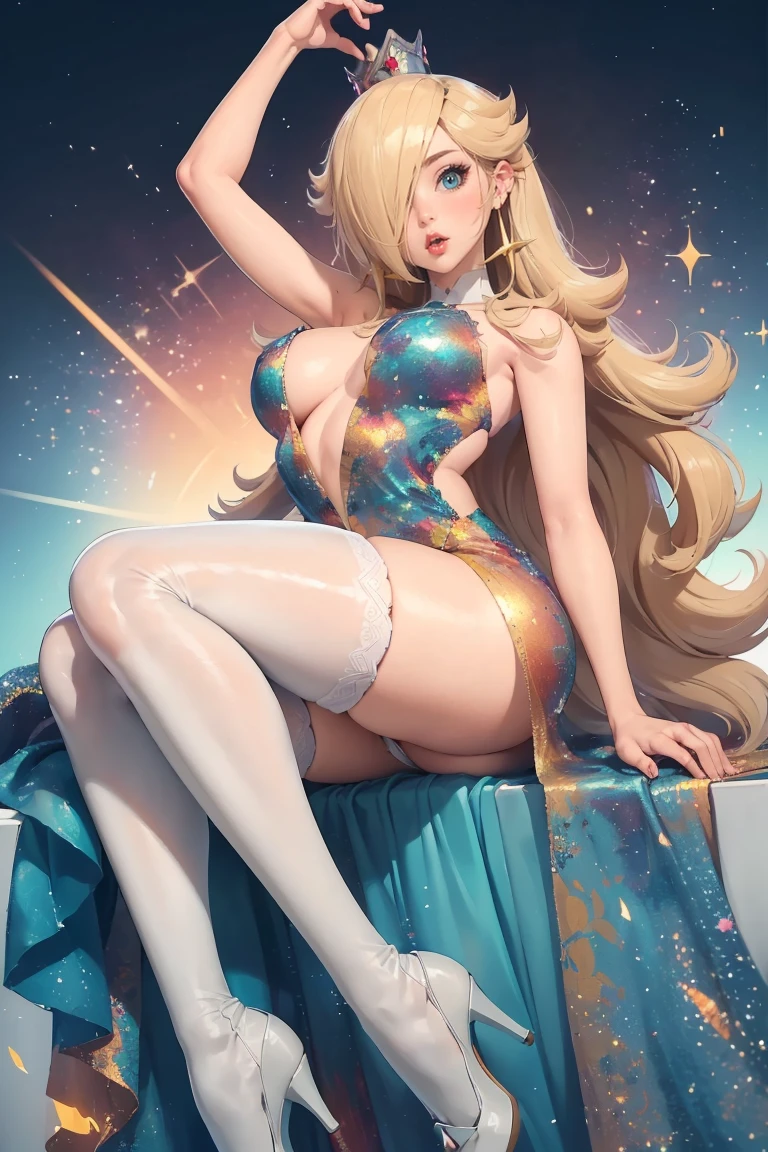 (best quality). (Ultra Detalhado). (1girl), Olhando para o Viewer. (Antecedentes detalhados). belos olhos detalhados. rosto delicado e bonito. (high saturation), seios grandes, droopy breasts, (((sexy blue dress))), (((white stockings))), (((long legs))),