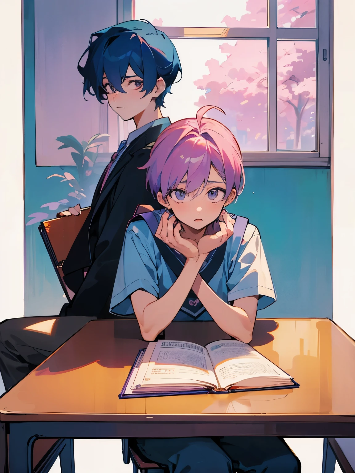 cartoon of two boys sitting at a table with a book and a backpack, ddlc, in the art style of 8 0 s anime, 9 0 s anime style, 90s anime style, in anime style, in an anime style, anime aesthetic, anime vibes, 9 0 s anime aesthetic, 9 0 s anime art style, lofi boy, typical anime classroom, beautiful background window, two cute boys, beautiful faces, two boys, don't extra hands, NO extra hands, generate two boys with NO extra hands, NO extra arm