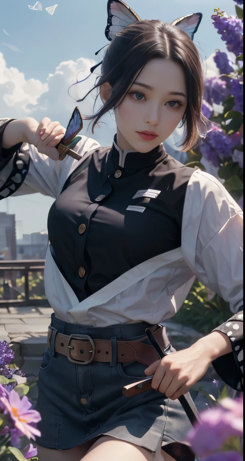 Ultra-realistic 8k CG, masterpiece,(mini skirt:1.4) close, (weapon in hand: 1.2), (attack: 1.2), beauty, goddess, from the front, face sticking out, (super detailed background, delicate pattern, intricate details)), high quality, highly detailed face, (超mini skirtから見える白いパンティ:1.4)、highly detailed eyes and face, highly detailed eyes, kocho shinobi, colorful hair, No bangs, hair intake, purple eyes, amount, black shirt, black pants (Haori, butterfly, button, belt, (garden: 1.2), purple flowers, Chibi, cloudy null, sunlight, Tyndall effect, Slope_null, face, gorgeous null, Sword at the waist,