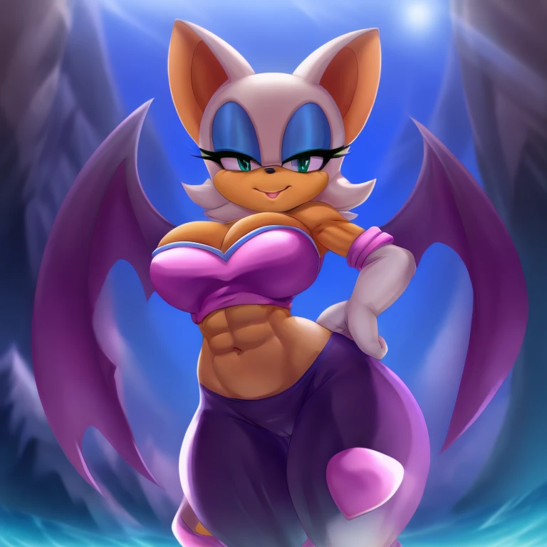 a digital artwork of Rouge the bat with abs wearing a crop top of her original outfit with a bare midriff and a bare navel , digital art, ((perfect face)), ((best quality)), ((masterpiece)), she has a tan midriff