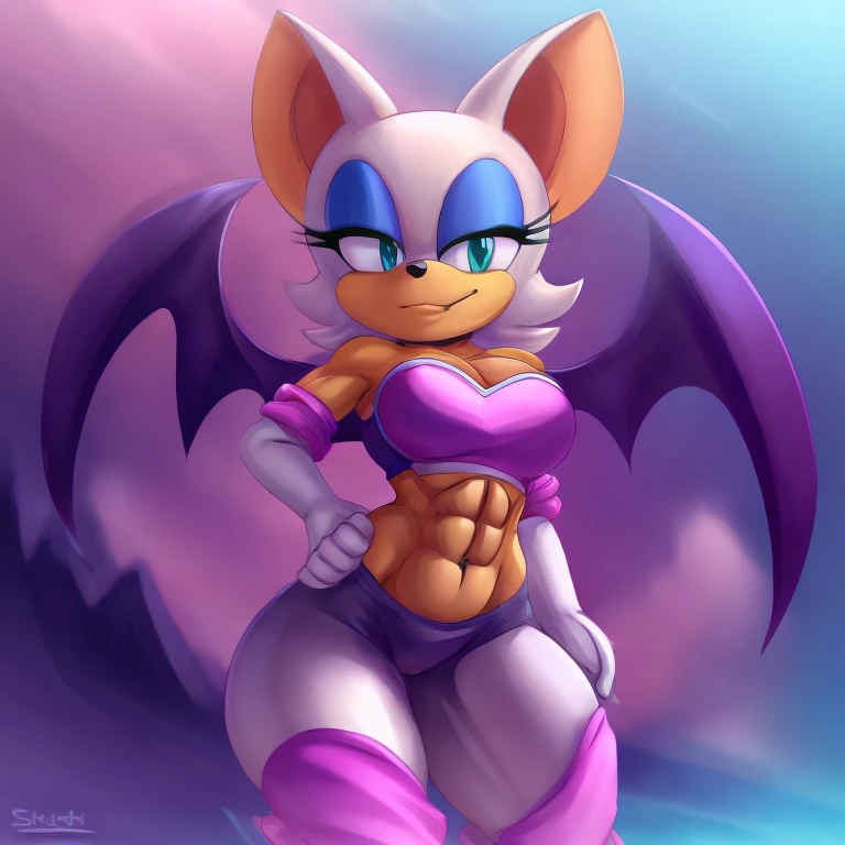 a digital artwork of Rouge the bat with abs wearing a crop top of her original outfit with a bare midriff and a bare navel , digital art, ((perfect face)), ((best quality)), ((masterpiece)), she has a tan midriff