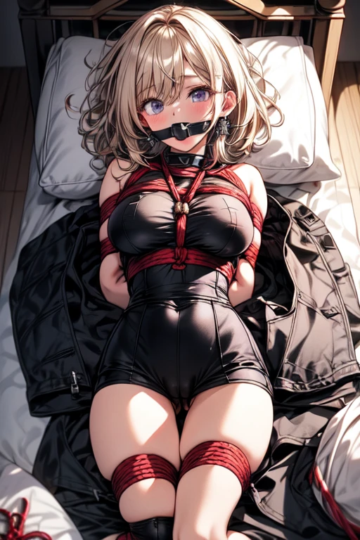 Genshin impact girl, lie in bed, gagged, tied tightly with big ropes, erotics clothes