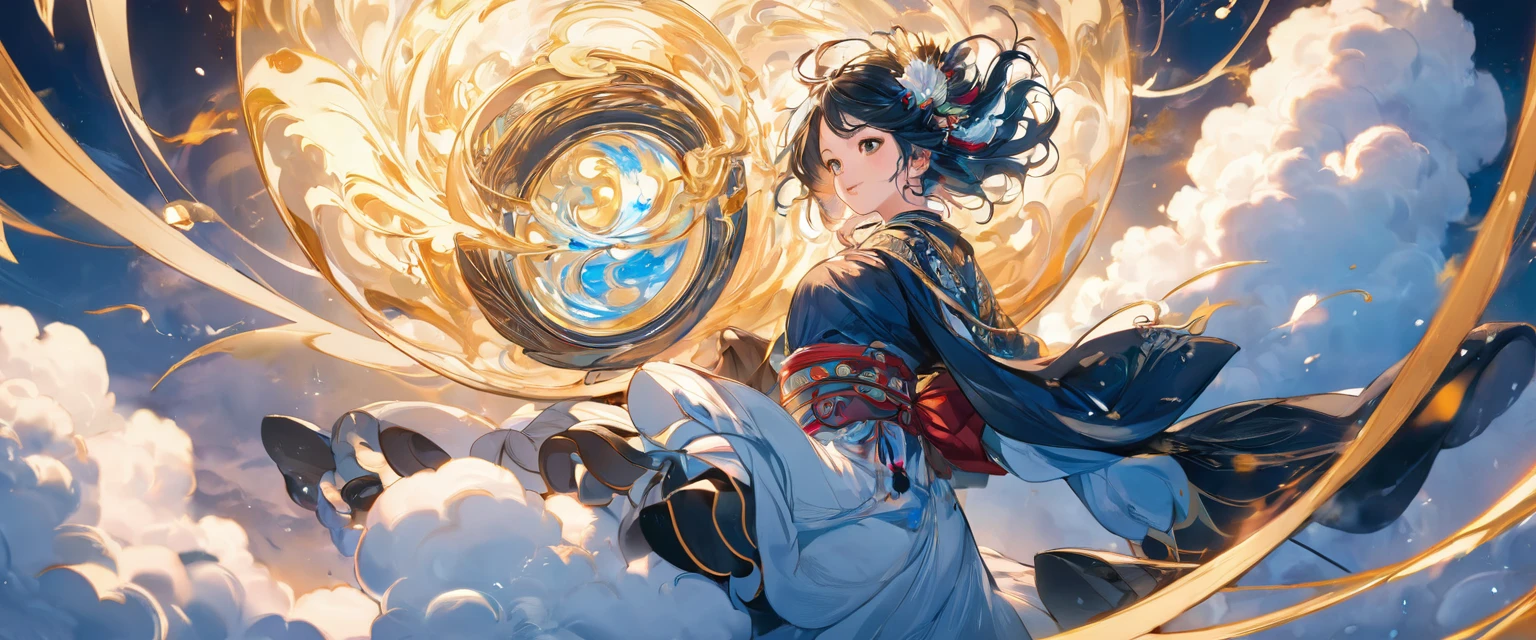 (masterpiece, best quality:1.2), bite_style,1 person,girl,cloud,Tianguan,animation