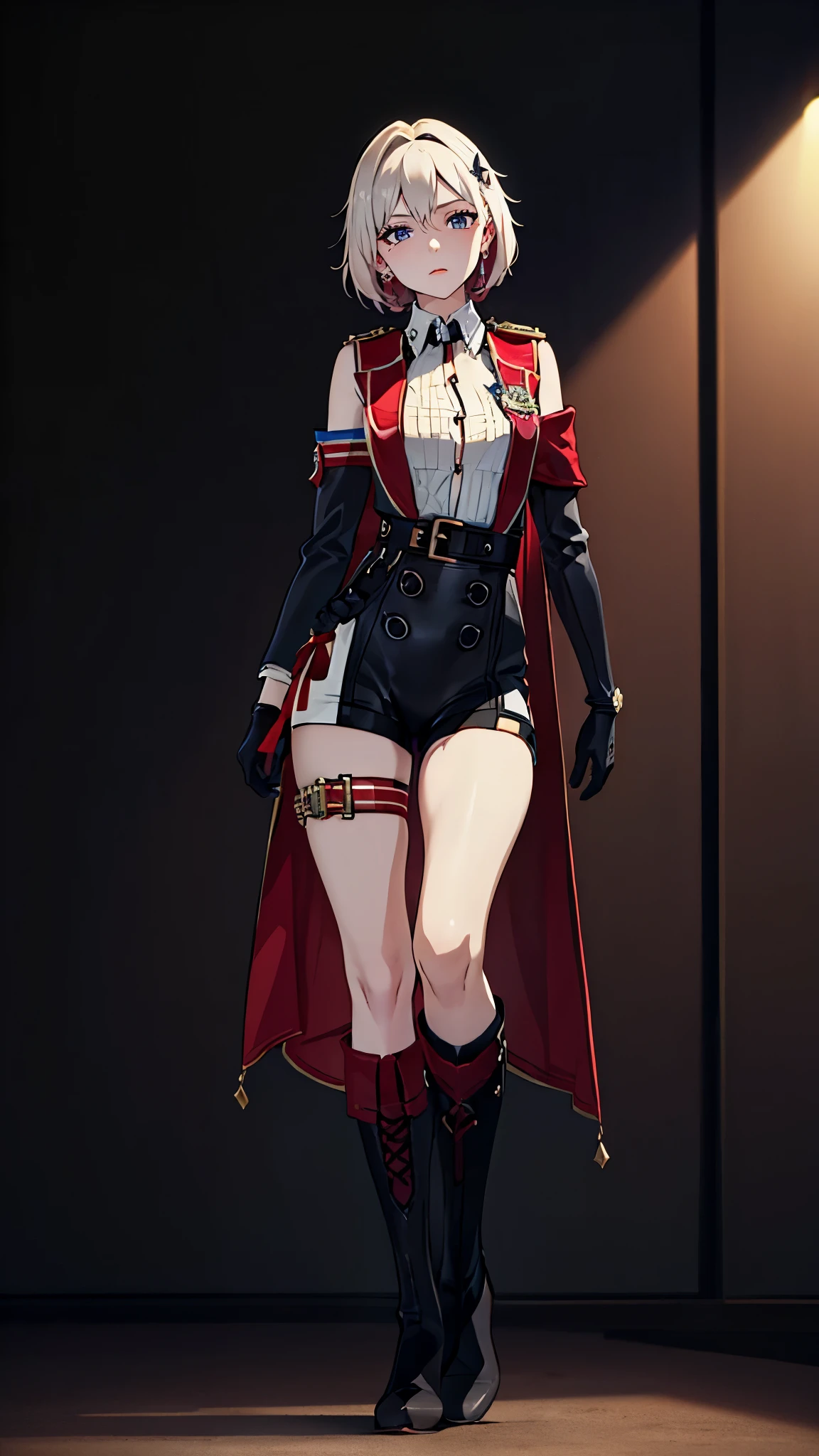 ((8K resolution))、((highest quality))、((masterpiece))、((Super detailed))((((dramatic))), (anatomically correct)、Depth of object being written、look at the camera、one person、black gloves, thigh strap, knee boots, hair ornaments, unitard, removed sleeve, badge, side cape, sleeveless shirt, belt、front、toned arms, long and thin legs, small breasts、Athletic Presence,(theme、whole body:1.1), 　　　