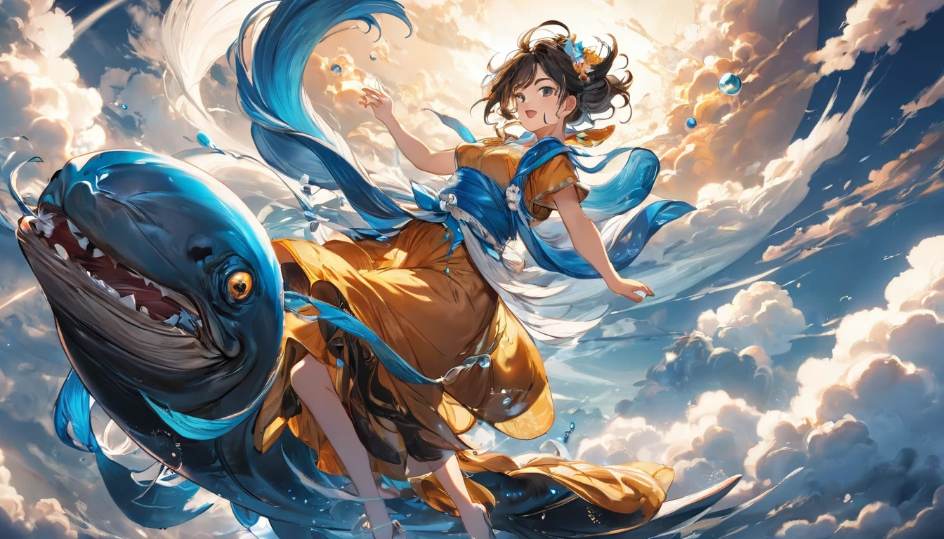 (masterpiece, best quality:1.2), bite_style,1 person,girl,cloud,Tianguan,animation