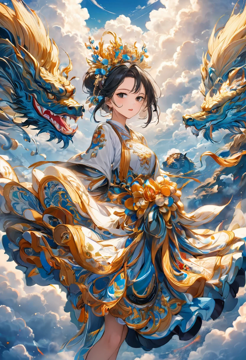 (masterpiece, best quality:1.2), bite_style,1 person,girl,cloud,Tianguan,animation
