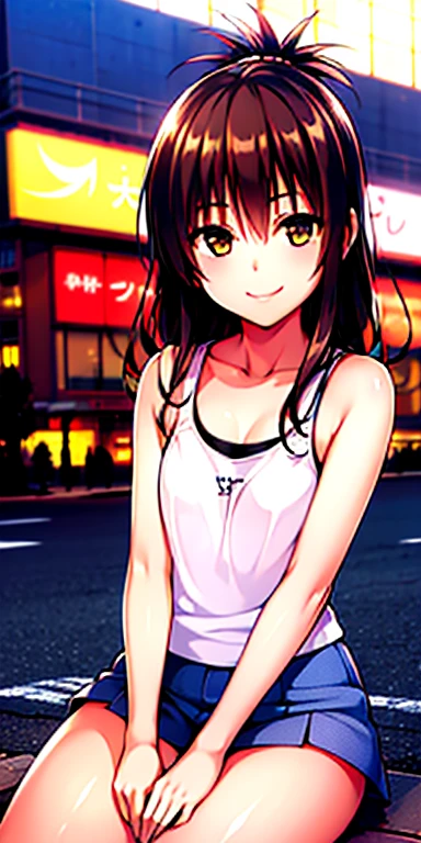 1 girl, tokyo street,night, cityscape,city lights,whole body 1.4,close,smile,, (8K, Raw photo, highest quality, masterpiece:1.2),(realistic, photo-realistic:1.37),white camisole,mini skirt,sit,panty shot,white panties,Lift up your skirt while wearing it,