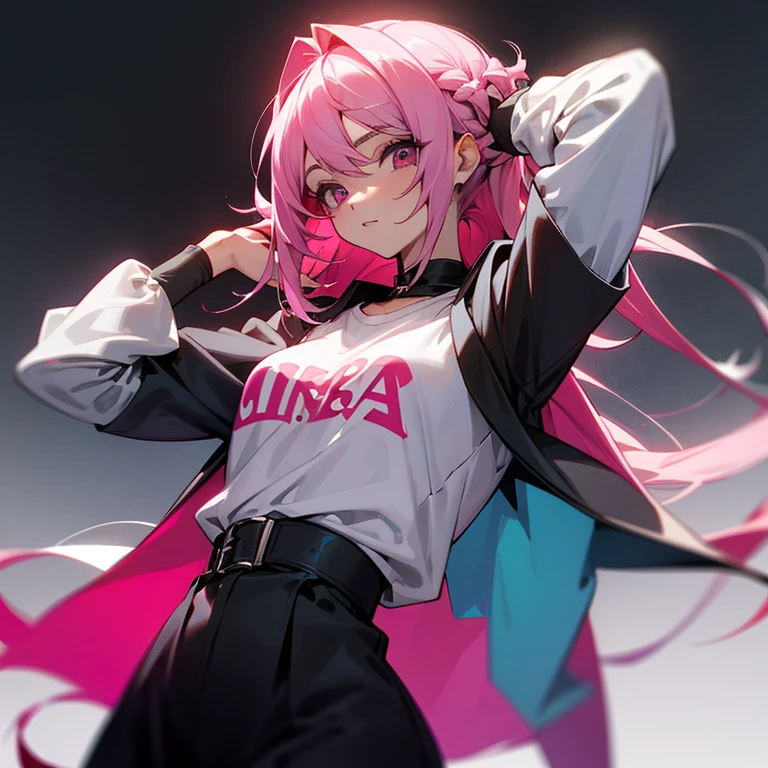 Un chica con pelo largo y lacio con un copete color rosa, ojos color negro, piel clara, usando una camisa color gris y ariba un chaqueta color negro,
