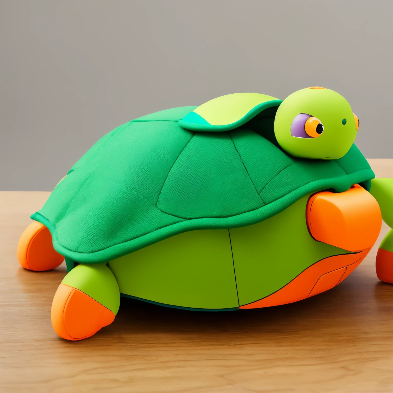 Mobile device in the shape of a turtle to collect and store toys but at the same time the user can handle it and the part where the toys are stored is made of fabric highlighting the green, orange and yellow colors