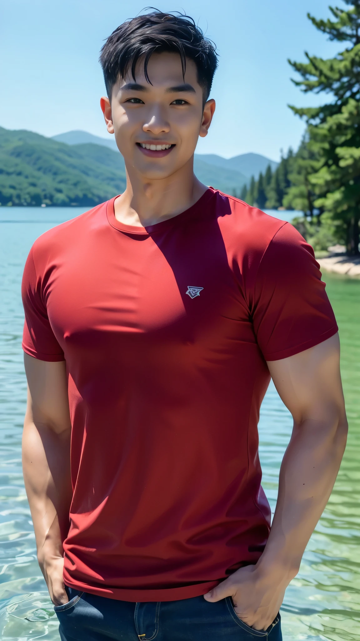 1 man, smile showing teeth, (Wear a red T-shirt. , round neck, short sleeve ฟุตบอล shirt.), Jeans are wet., Korean guy , korean men, (High gloss details), chest muscles, Big arm muscles, blood vessel, big muscles, Broad shoulders, looking at the audience, Balancing the eyes, (Make eye contact),, (in the middle of a lake: 1.4)