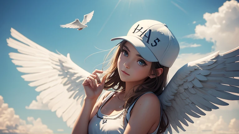 One angel with wings on both shoulders wearing a baseball cap.