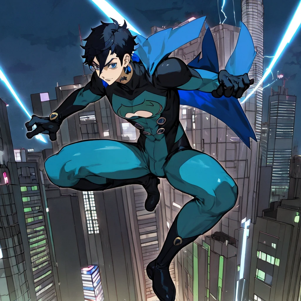 A anime boy with powers like frog.he is wearing a blue and black colour superhero costume with black hair and without a cape and two blue gloves with two blue boots with red mask in the background is a mumbai city