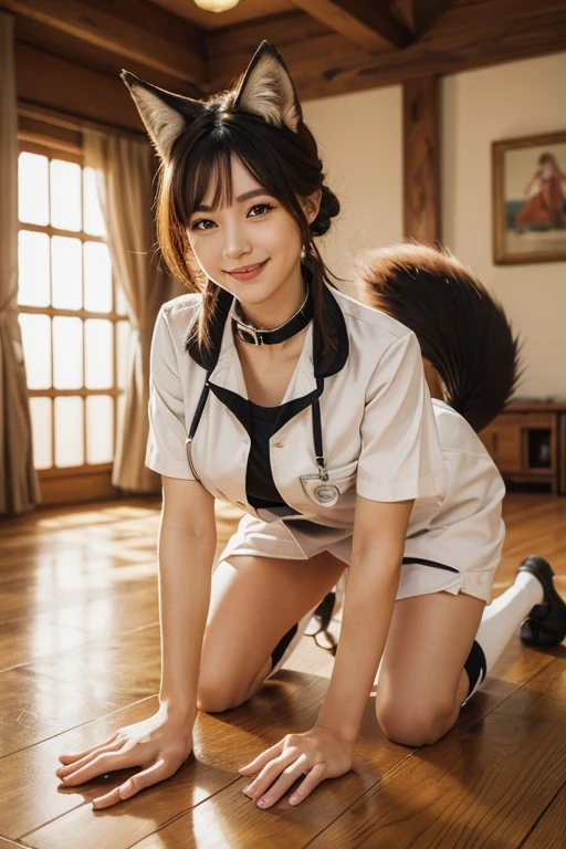 ((highest quality)), ((masterpiece)), (get used to it), perfect face, fox girl, Beautiful woman, public, A tail is growing, she has a fluffy tail, she has a fox tail, she wags her tail, smile, collar and leash, get down on all fours, she is wearing a nurse uniform, beautiful hips, big tail