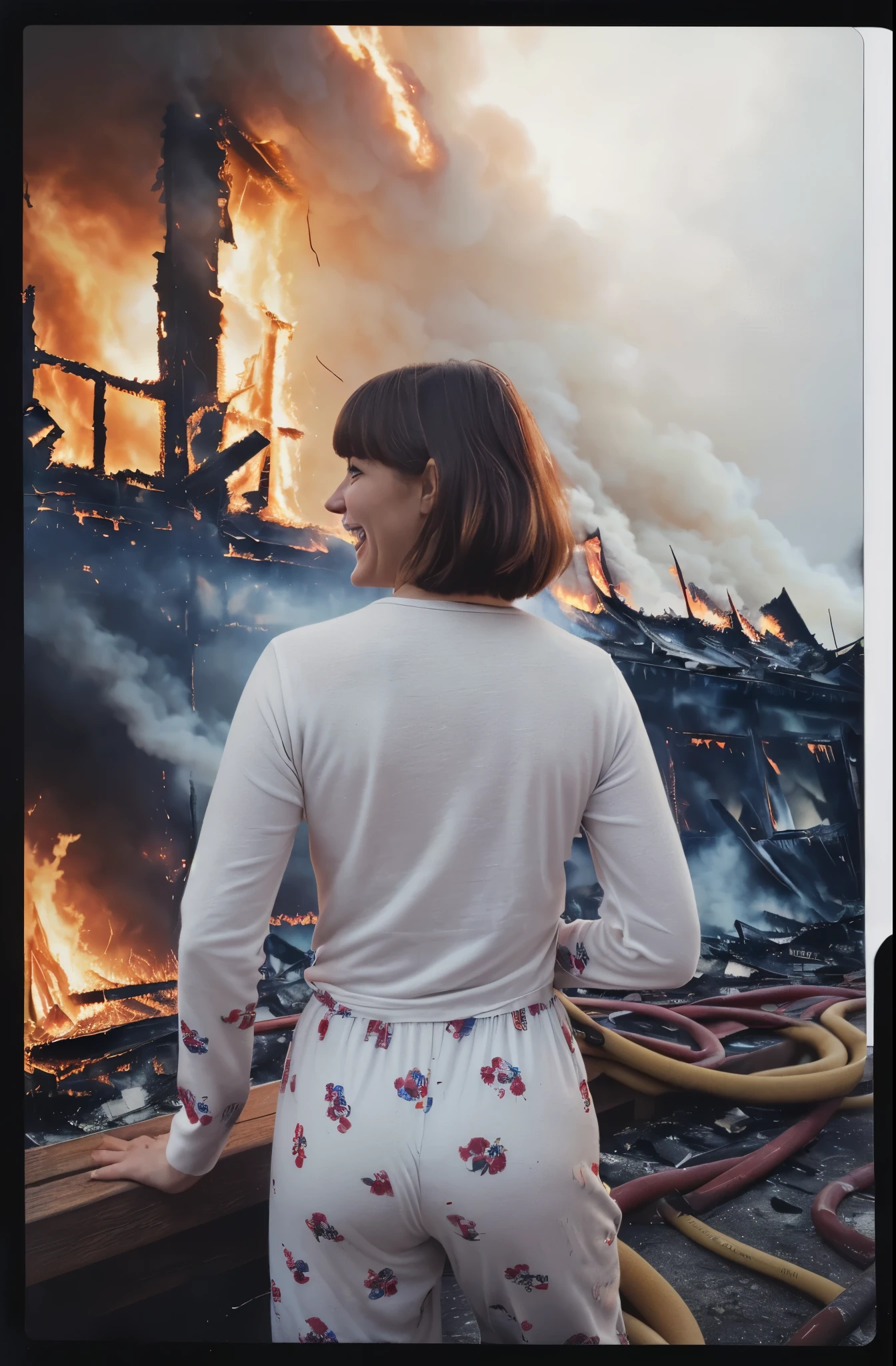 analog photo, (close portrait, 22 years old very beautiful French woman, stunning beauty:1.4), (from behind, twistted torso, head tilt, looking at the viewer:1.5), (bear print pajama pants, cotton pajama long sleeve top:1.5), (short bob hair with bangs:1.2), slim, (gigantic tits:1.1), (face focus:1.5), (outside, near an old tuff house in Matera that caught fire after an explosion, fire, explosion, big bang, fog, laugh, smile, sarcastic, mean:1.5), selective focus, colorful polaroid with vibrant colors, dramatic, high contrast, high saturation, film grain, navy-blue, red, white, epiCPhoto