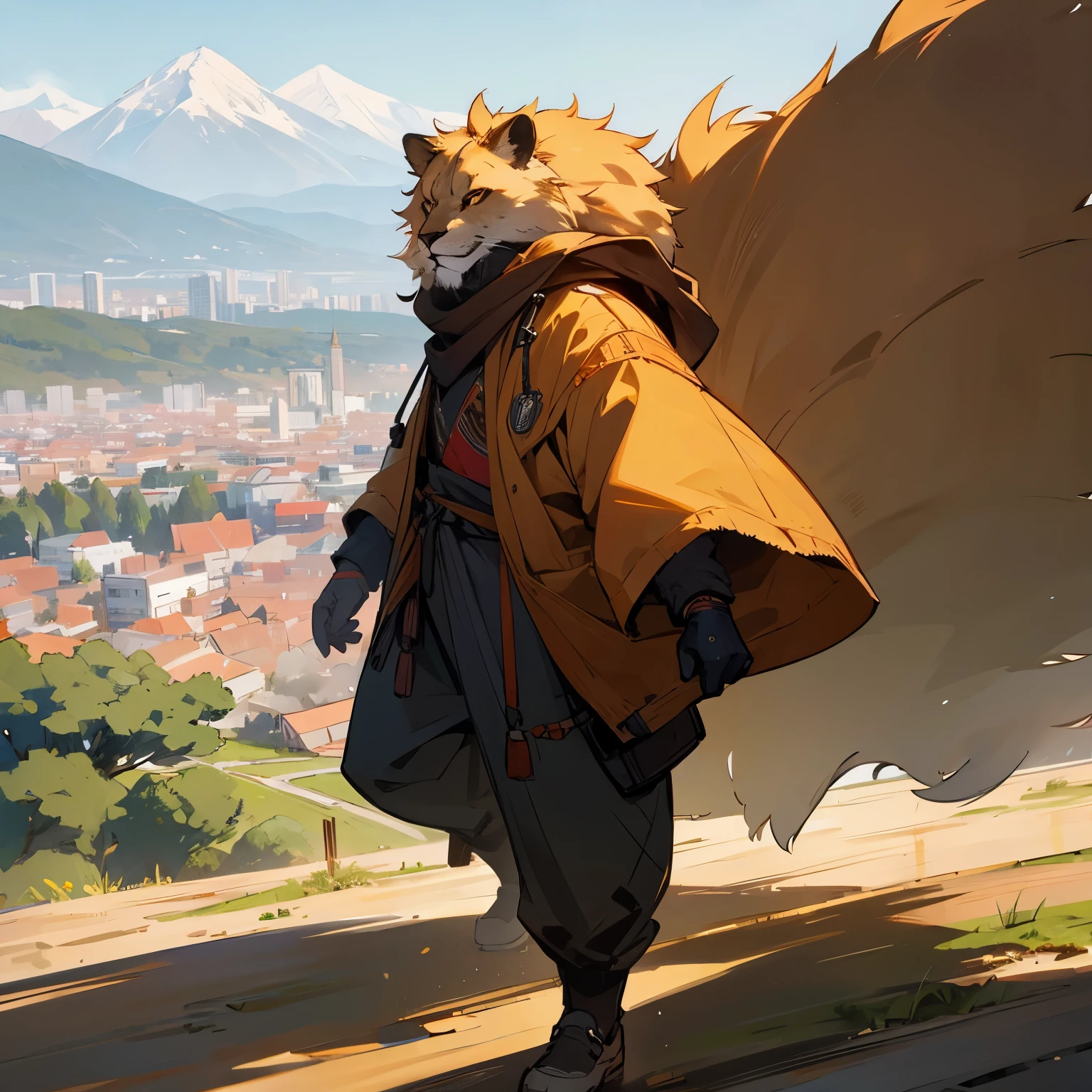 Anthropomorphic Lion character with the city behind going towards the mountains instead
