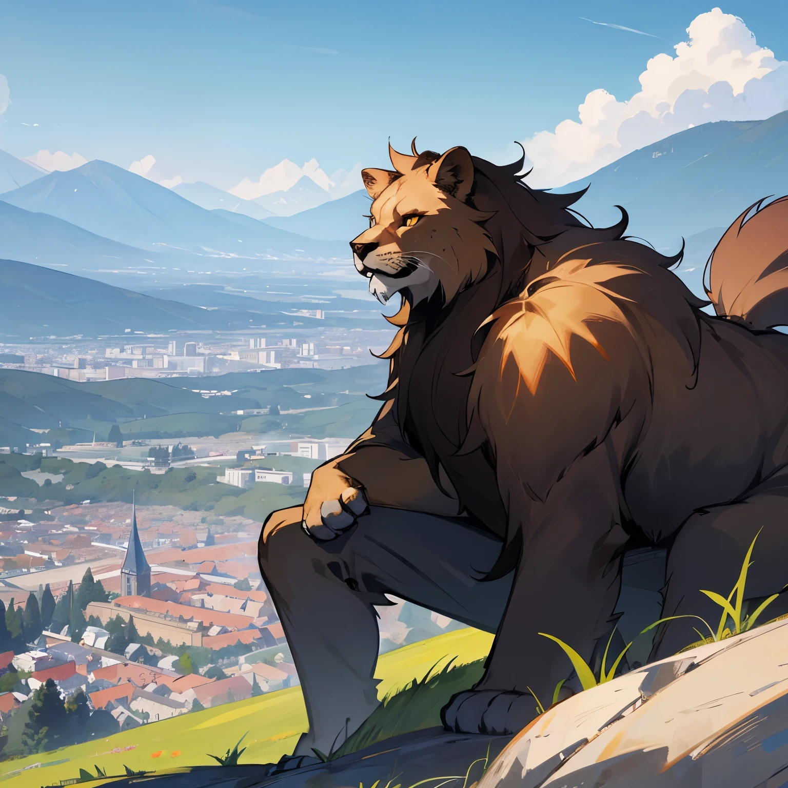 Anthropomorphic Lion character with the city behind going towards the mountains instead