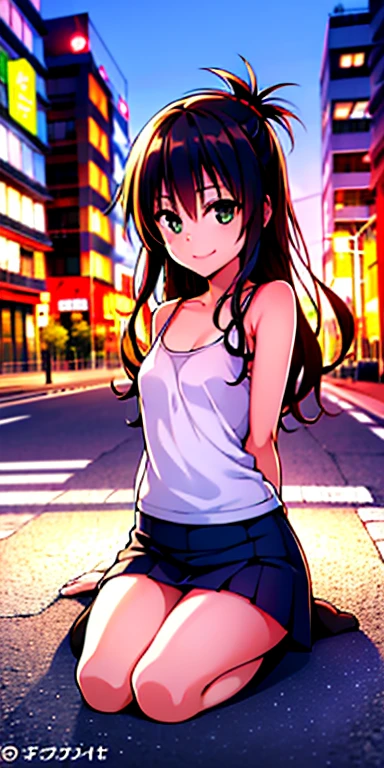 1 girl, tokyo street,night, cityscape,city lights,whole body 1.4,close,smile,, (8K, Raw photo, highest quality, masterpiece:1.2),(realistic, photo-realistic:1.37),white camisole,mini skirt,sit,panty shot,white panties,Lift up your skirt while wearing it,