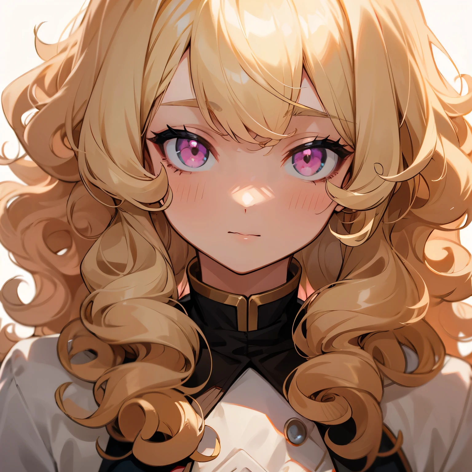 blond hair, curly hair, curls, curly bangs, light blonde hair, pink eyes