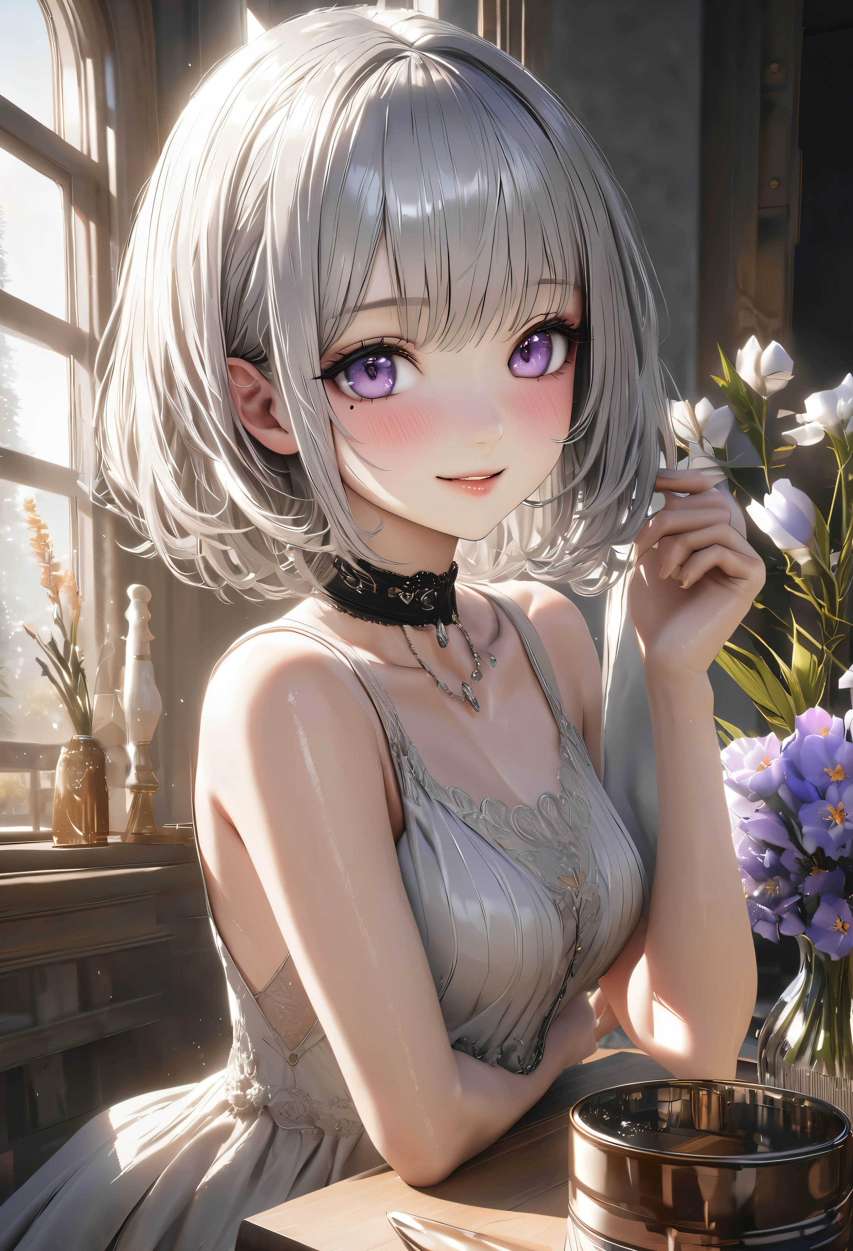 masterpiece,highest quality, Super detailed, High resolution, expensive resolution, HDR, 4k, 8K, unity 8k wallpaper, Super detailed CG, masterpiece, realistic, 2D, 3D, beautiful details, depth, fine texture , super fine: 1.3, Fully focused, Crispy.skin, .he,
Very cute anime girl 、field、silver short hair wearing expensive , Beautiful flowers in a vaseに話しかけてる、gentle expression、smile、one girl、alone,silver short hair、mole under the eye, looking at the viewer , expensive , blush, mole, parted lips, heart, purple eyes, choker、Beautiful flowers in a vase