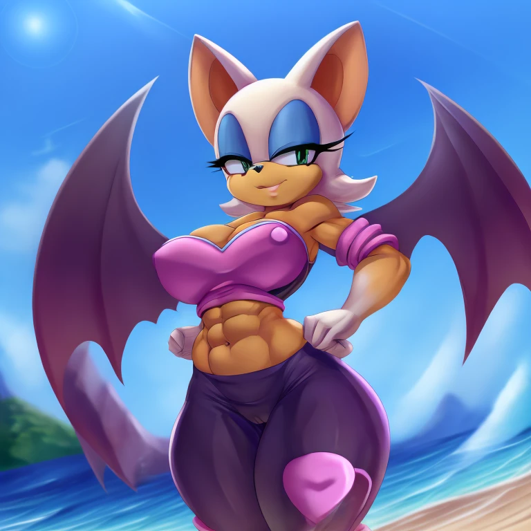 a digital artwork of Rouge the bat with abs wearing a crop top of her original outfit with a bare midriff and a bare navel , digital art, ((perfect face)), ((best quality)), ((masterpiece)), she has a tan midriff