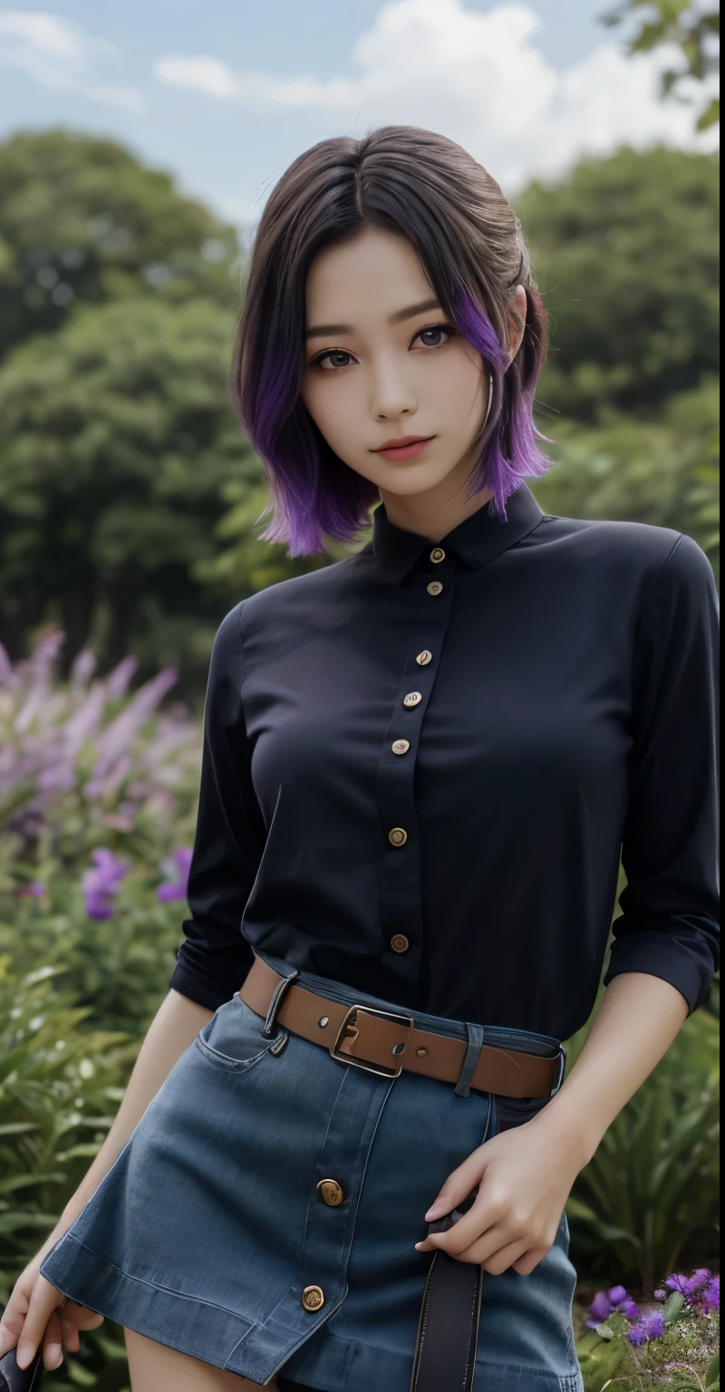 Ultra-realistic 8k CG, masterpiece,(mini skirt:1.4) close, (weapon in hand: 1.2), (attack: 1.2), beauty, goddess, from the front, face sticking out, (super detailed background, delicate pattern, intricate details)), high quality, highly detailed face, (超mini skirtから見える白いパンティ:1.4)、highly detailed eyes and face, highly detailed eyes, kocho shinobi, colorful hair, No bangs, hair intake, purple eyes, amount, black shirt, black pants (Haori, butterfly, button, belt, (garden: 1.2), purple flowers, Chibi, cloudy null, sunlight, Tyndall effect, Slope_null, face, gorgeous null, Sword at the waist,