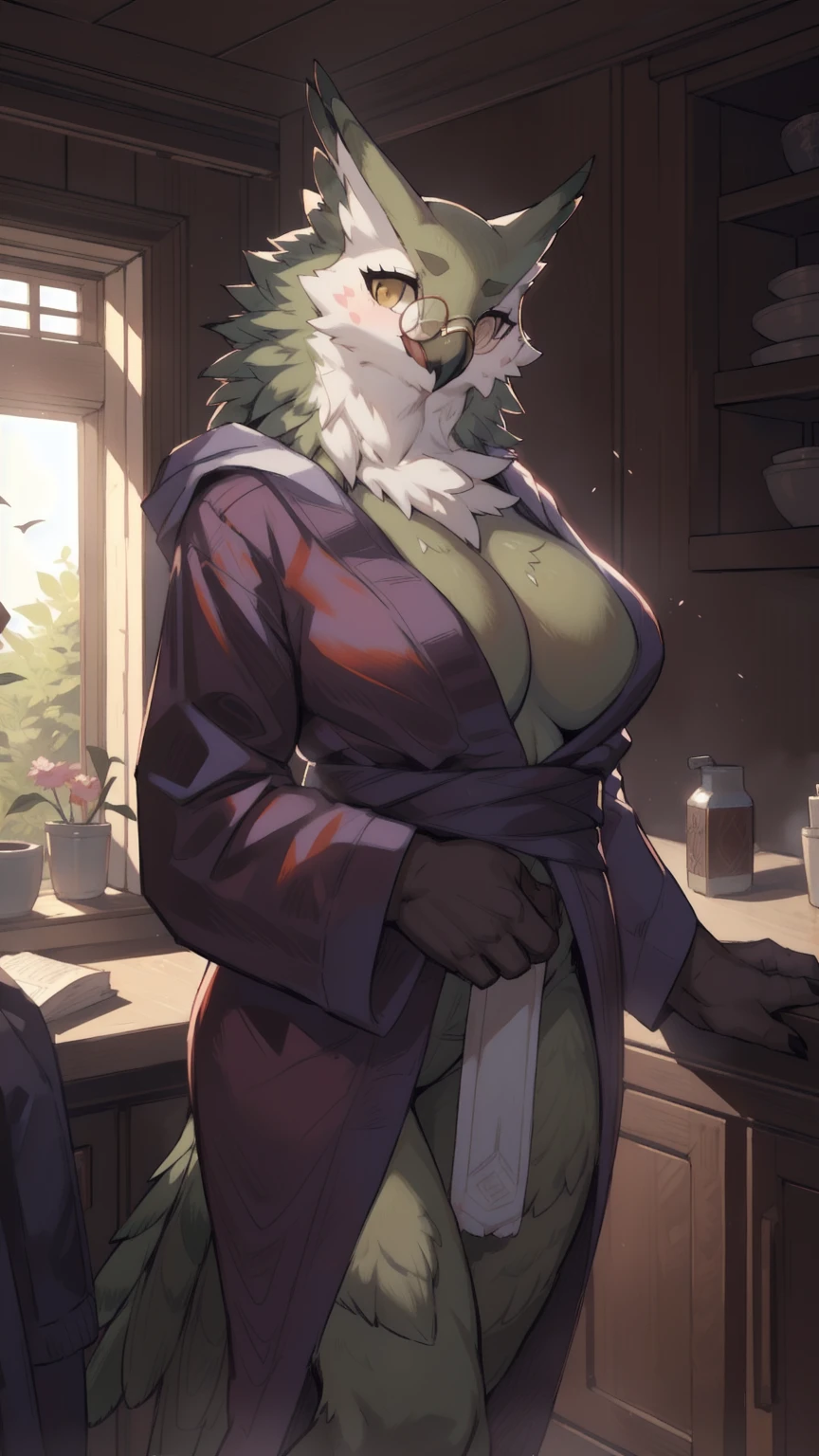 solo, 1girl, female, furry female, bird, avian, owl, big tits, glasses, green feathers, sexy pose, ramona_uo, detailed background, (cute anatomy:1.1), highly detailed, hyper realistic, soft lighting, (masterpiece:1.2),(best quality:1.2), (extreme detailed illustration),(by zackary911:1.3),(by taran fiddler:1.1), (by jay naylor, spectrumshift,iskra:1.2, syuro:1.0),(by hioshiru),(by Meesh),(by riska), ((taking off robe))