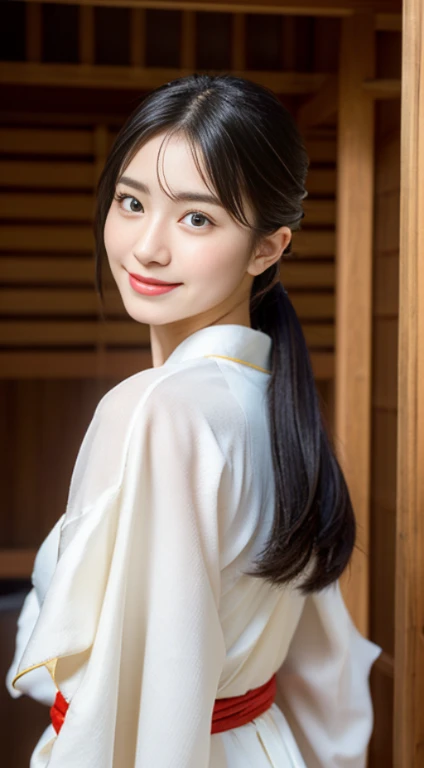 (((32ｋ,high detal,high-detail、​masterpiece,Attention to detail,full body Esbian,solo))),Raw photo & realistic atmosphere,beautiful dark blue eyes,Detailed mouth,Glossy lips,Detailed eyebrows,Eyes drawn in detail with soft white skin that shines in every detail、Very beautiful eyes with azure eyes,Detailed lips、Very beautiful face,Very well-formed face、Lifelike face,shiny beautiful lips,Beautiful eyebrows,Infinite reality, Realistic Young Gravure Idol,Very cute high school girl, , Young Sensual Gravure Idol, Young Gravure Idol, extremely beautiful and cute１7-year-old pointed beautiful girl,with a flushed face,Incredibly beautiful and classy１7 year old beautiful girl,natural soft light,（Black shiny hair,,bare-legged,Samurai kimono and black hakama,Beautiful kind eyes：1.5）,（youthfulness,Severe wear and tear,Exposed thighs,Thighs protruding from hakama,Gentle smile,well-shaped breasts,,Immature body,Japan samurai kimono,Japanese style ponytail,Hang your hair high and tie it into one,Beautiful posture,posterior view,facing back,no-makeup,woman samurai,woman swordsman,Influence of Shinsengumi,Looking into the distance,Japanese pattern haori,cleavage of the breast,Wearing bowl rolls,No bra：1.6）