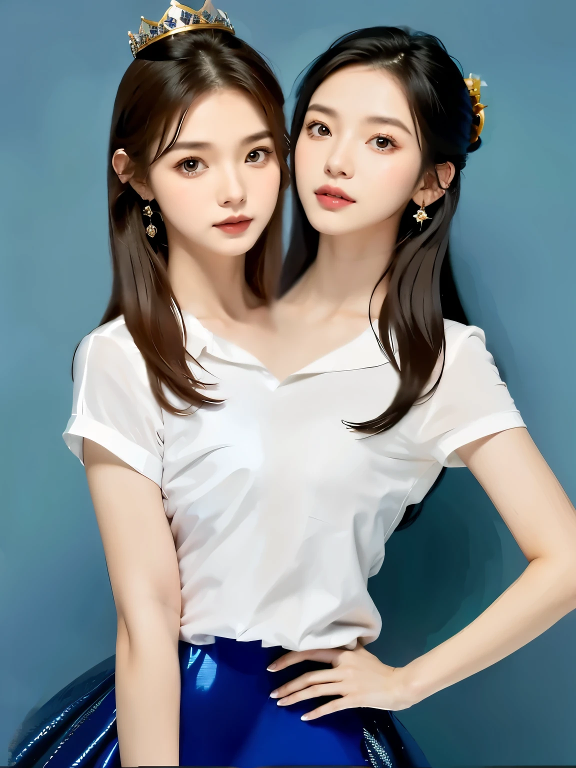(2heads:1.2), normal, crowns in hair, long earrings