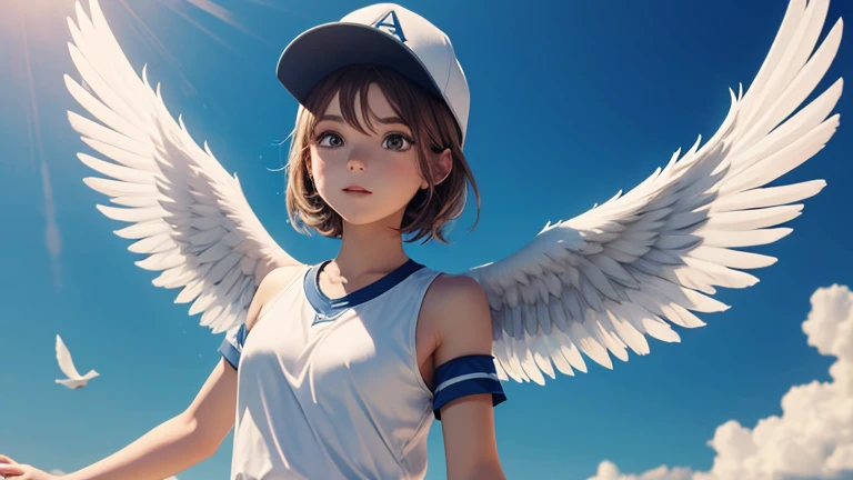 One angel with wings on each shoulder, wearing a baseball cap, in the air.